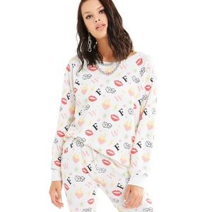 Wildfox Charmed Sommers White Print Sweatshirt Lips Dice Stars Size XL